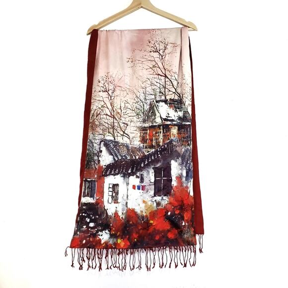 Beautiful Printed Silk Scarf Village Painting Watercolor Fringe Artwork - Picture 1 of 8